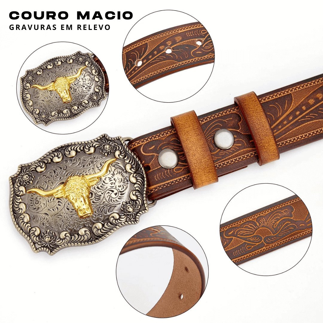 Cinto Country Bison Denim Couro Legítimo Modelo Rodeo King Belt - Empório Spartacus