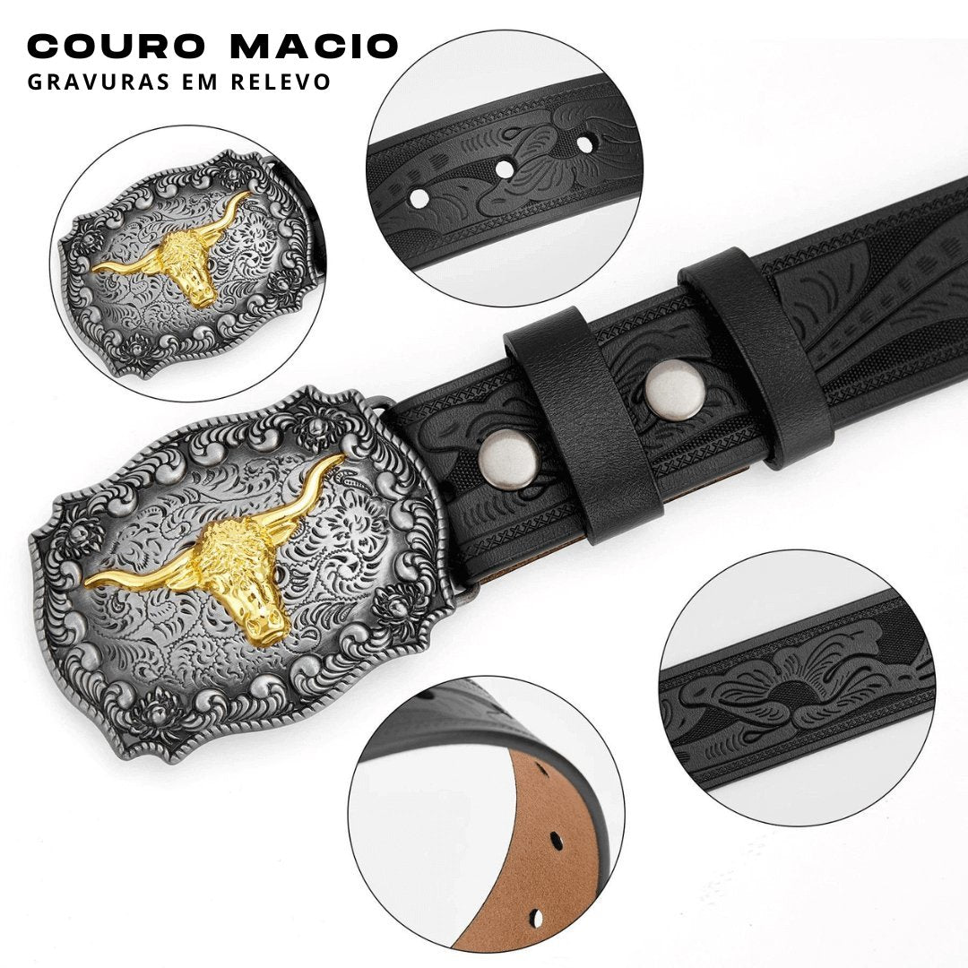 Cinto Country Bison Denim Couro Legítimo Modelo Rodeo King Black Belt - Empório Spartacus