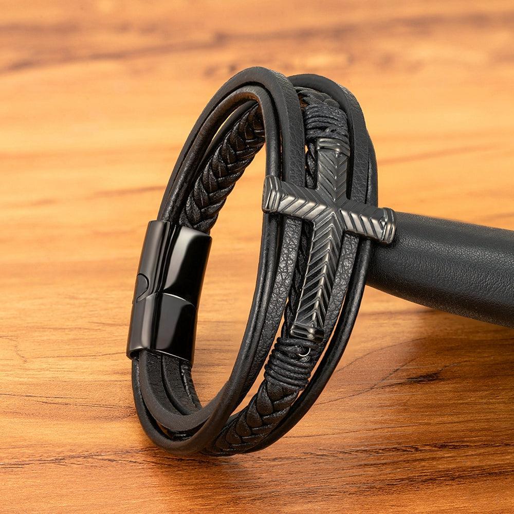 Pulseira Masculina de Couro Cruz da Proteção Force - Empório Spartacus