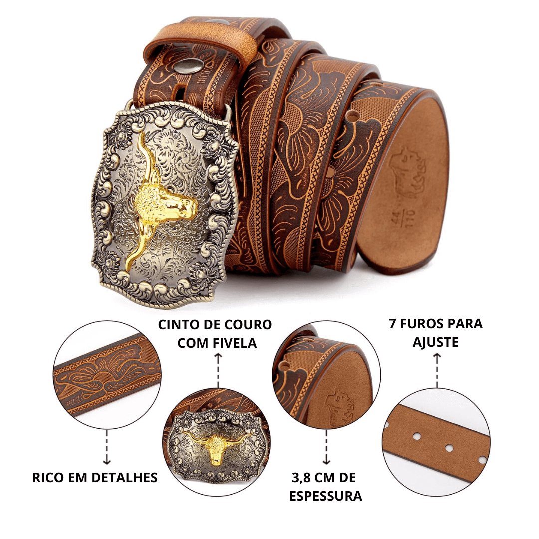 Cinto Country Bison Denim Couro Legítimo - Modelo Rodeo King Belt - Empório Spartacus