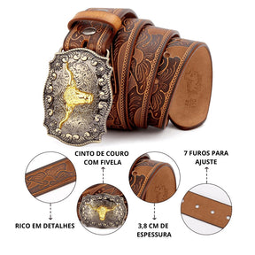 Cinto Country Bison Denim Couro Legítimo - Modelo Rodeo King Belt - Empório Spartacus