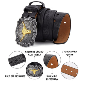 Cinto Country Bison Denim Couro Legítimo - Modelo Rodeo King Black Belt - Empório Spartacus