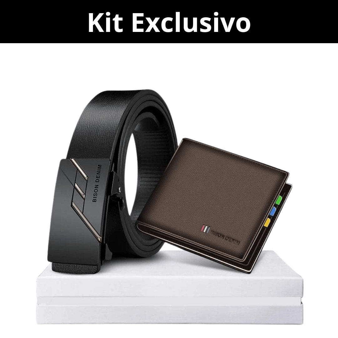 Kit Exclusivo Cinto em Couro Legítimo + Carteira com Proteção RFID - Café - Empório Spartacus