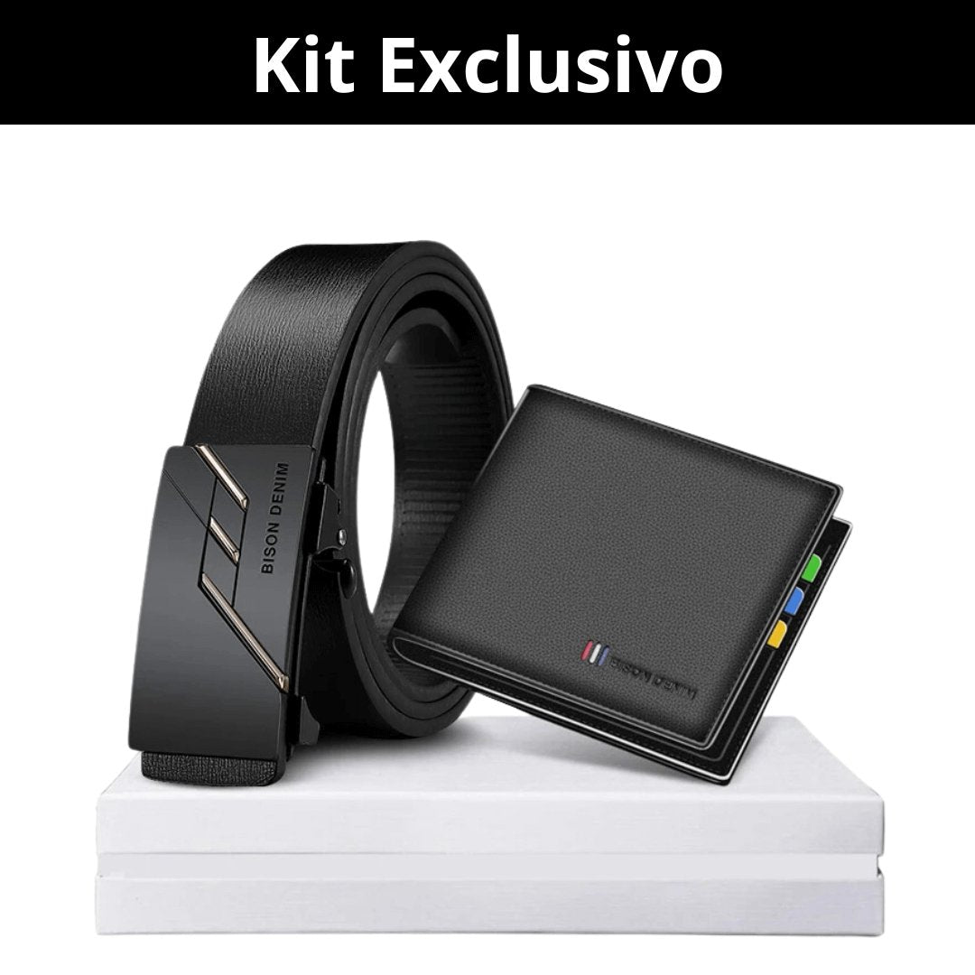 Kit Exclusivo Cinto em Couro Legítimo + Carteira com Proteção RFID - Preto - Empório Spartacus