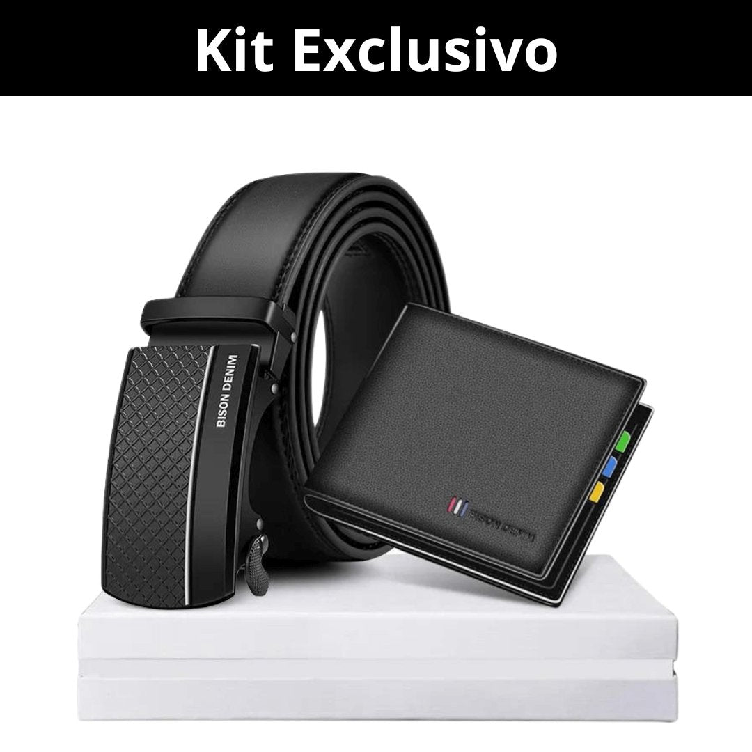 Kit Exclusivo Cinto Leônidas em Couro Legítimo + Carteira com Proteção RFID - Preto - Empório Spartacus